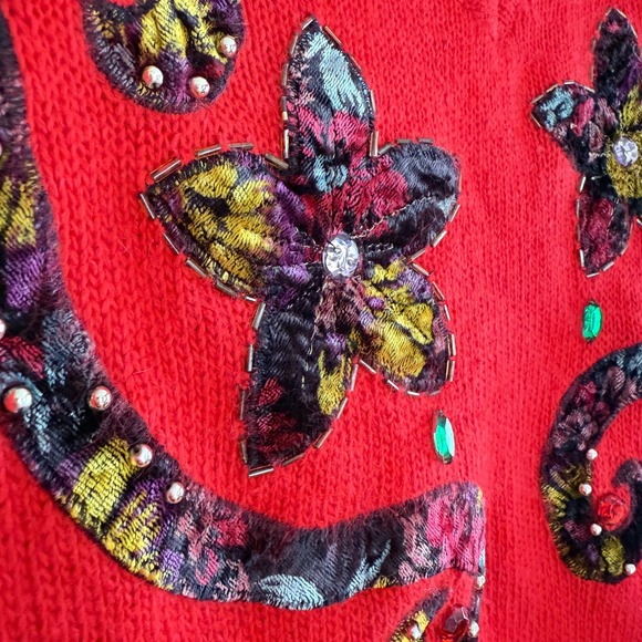 Marmie West Red V Neck Embellished Floral Sweater Angora Silk Blend Women L - Picture 2 of 7